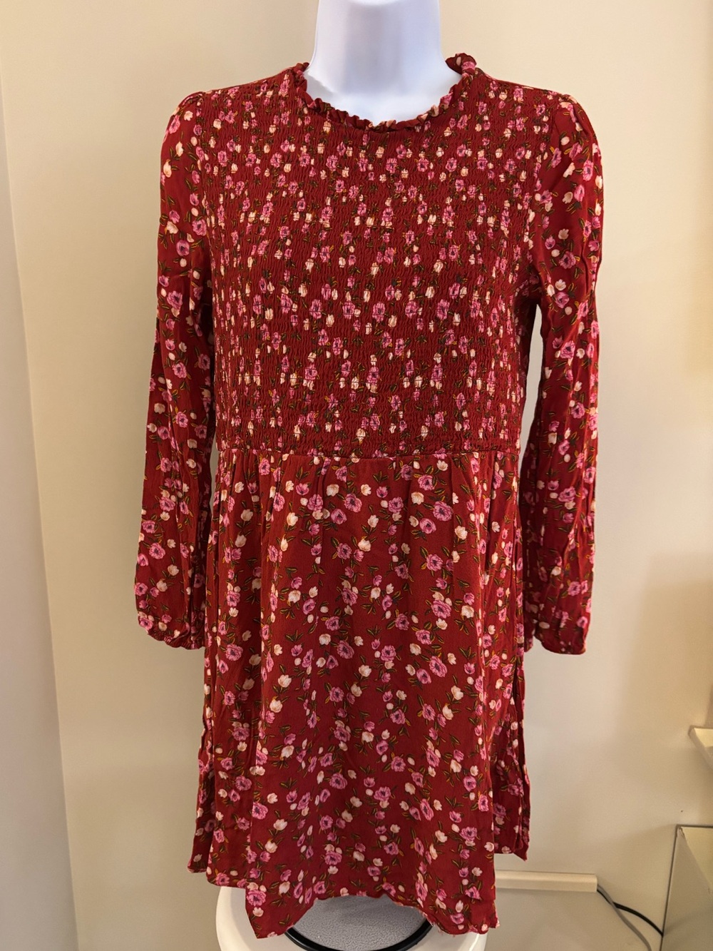 GB girls Red Long-Sleeve Floral Smocked Dress with Pink Flowers